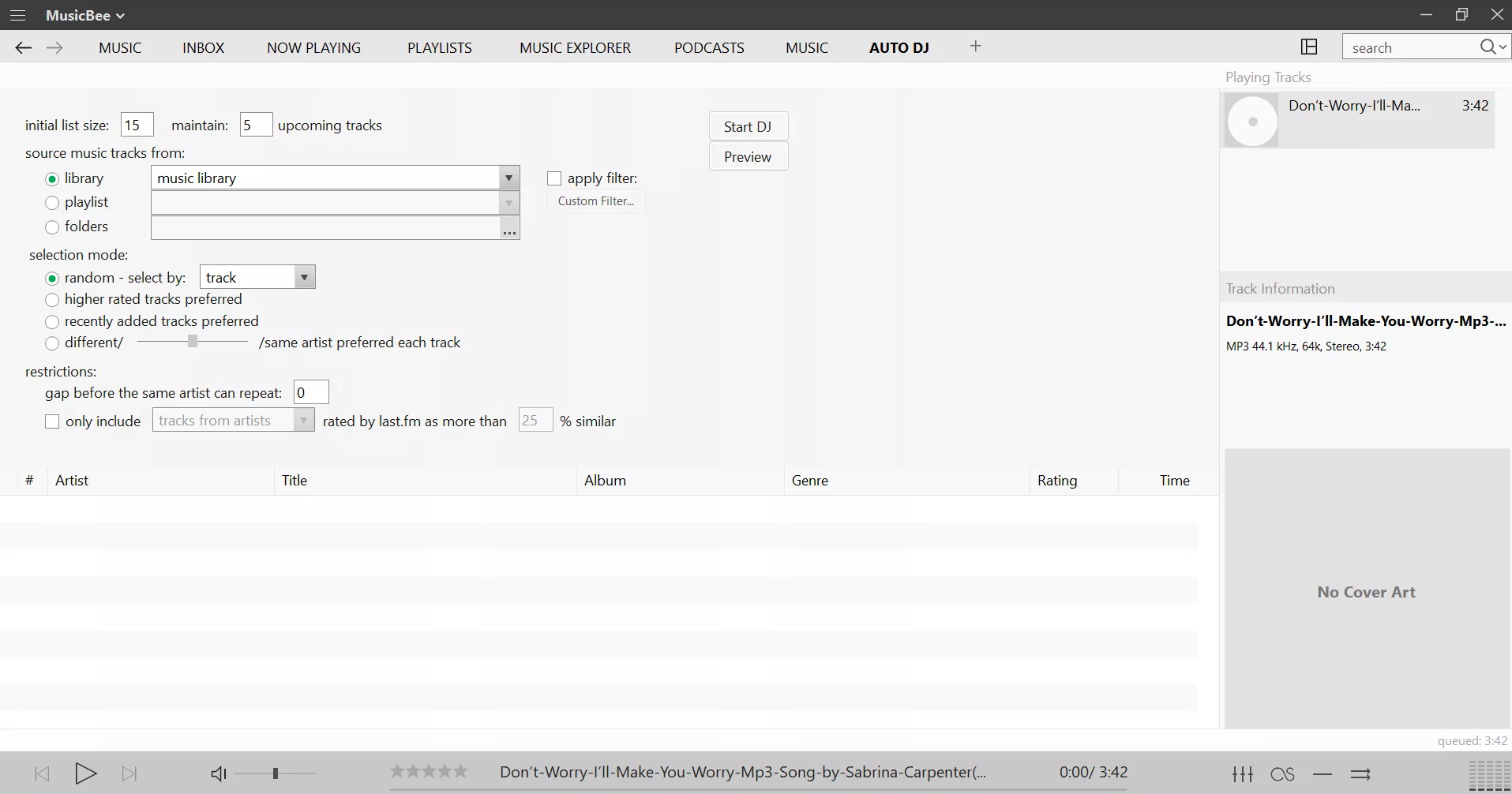 MusicBee Auto DJ creating an automated playlist from a local music library