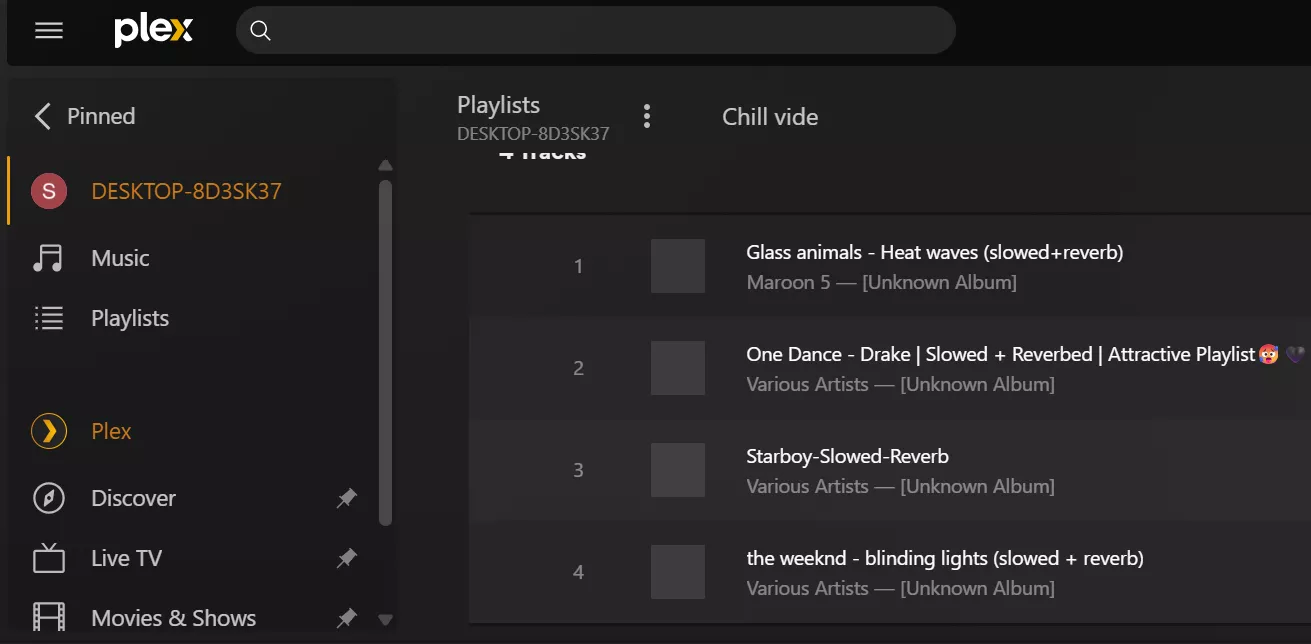 Plex smart playlist created from a local music library on a home server