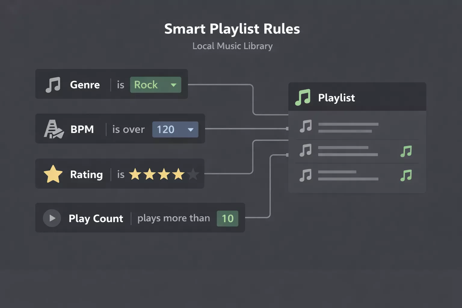 Smart playlist rules based on genre, BPM, rating, and listening history
