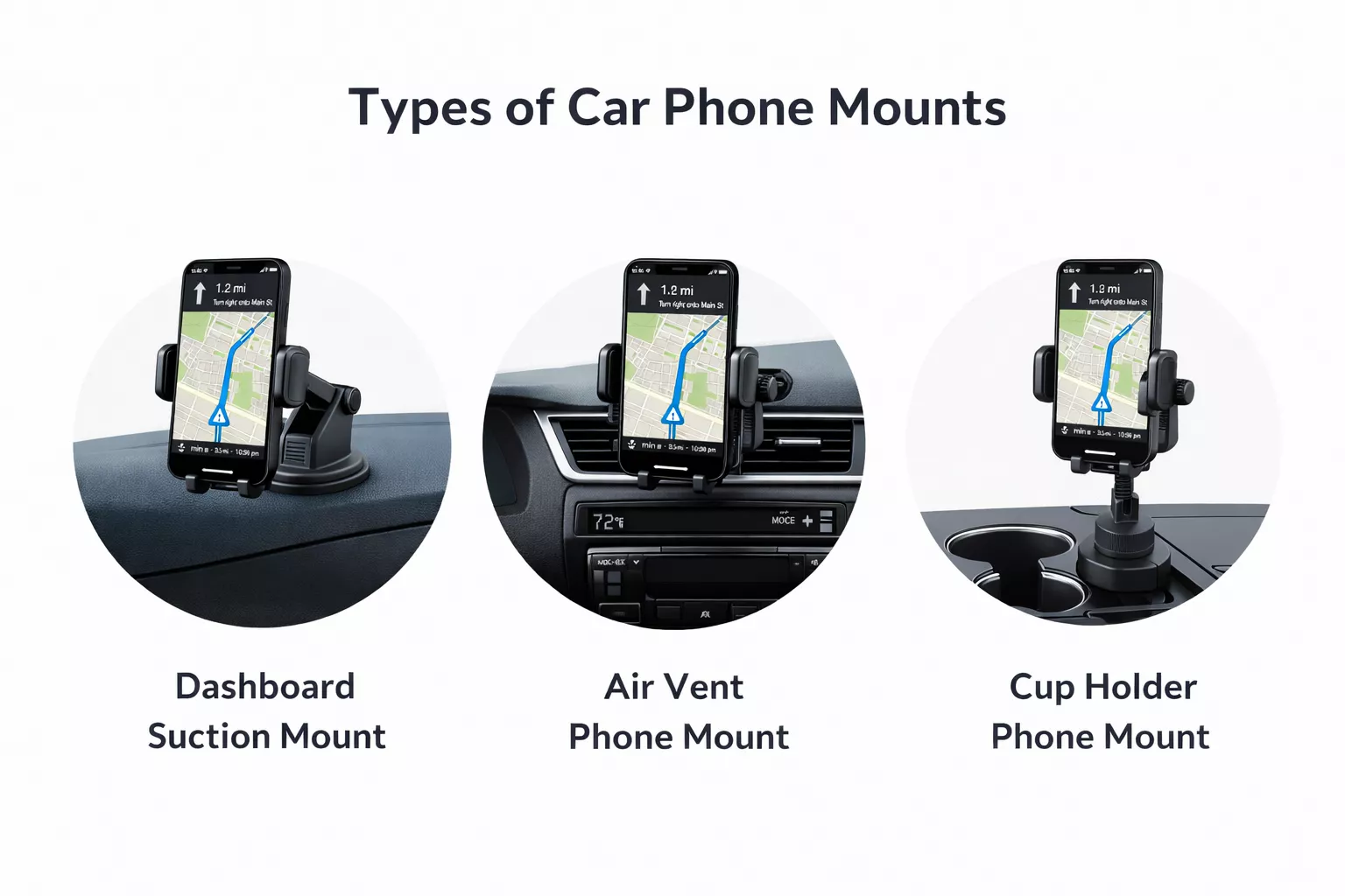 comparison of dashboard, air vent, and cup holder car phone mounts for different mounting styles