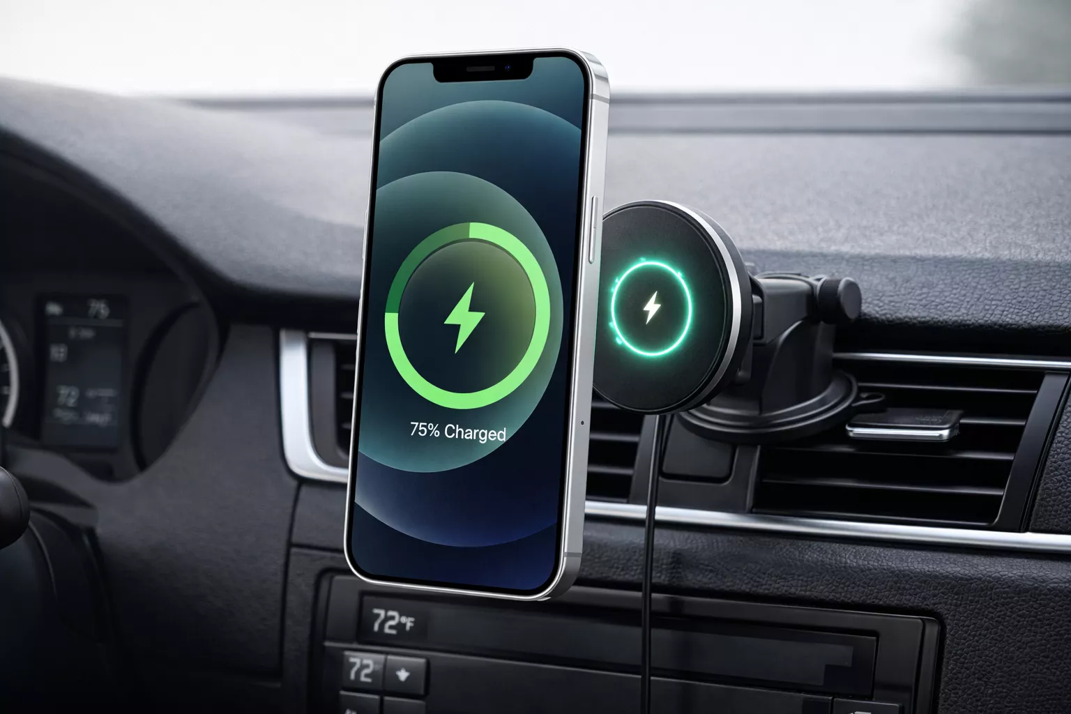 magnetic wireless car phone mount holding smartphone on car air vent