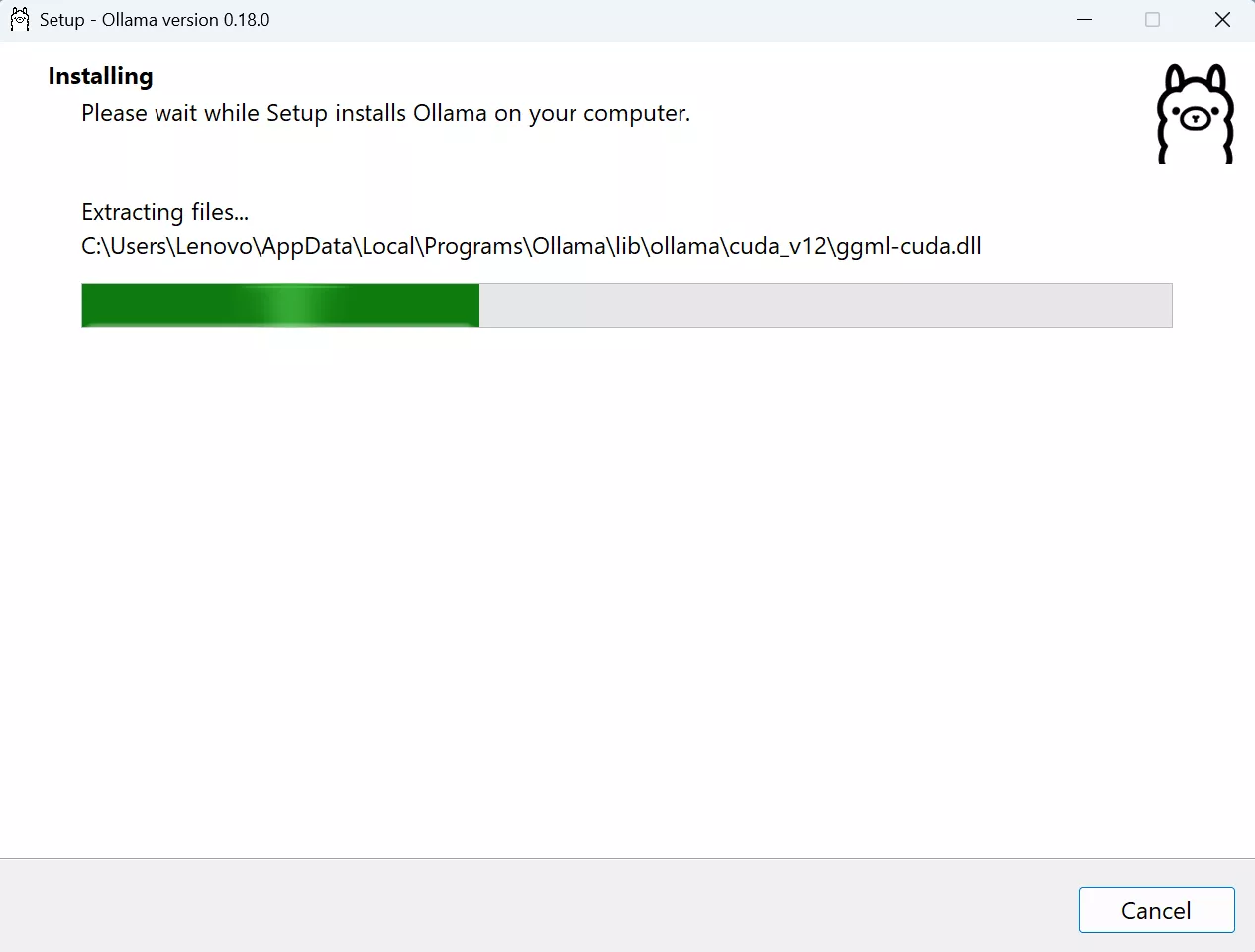 Ollama installation setup screen on Windows showing extracting files during local AI model setup for building AI agents locally