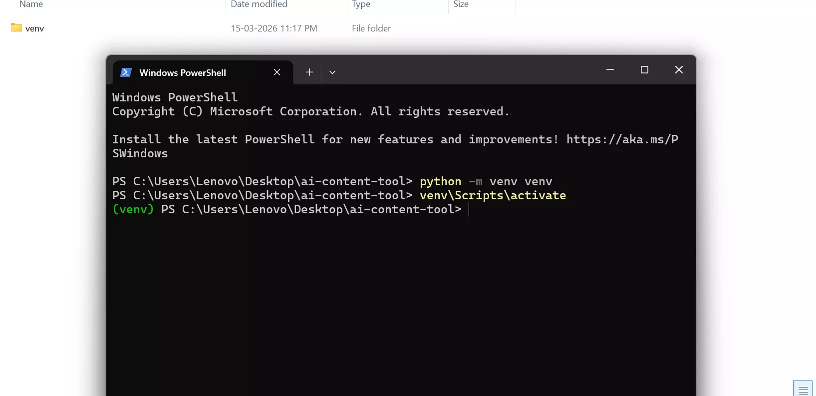 Creating and activating Python virtual environment using PowerShell with python -m venv venv for building a local AI agent project