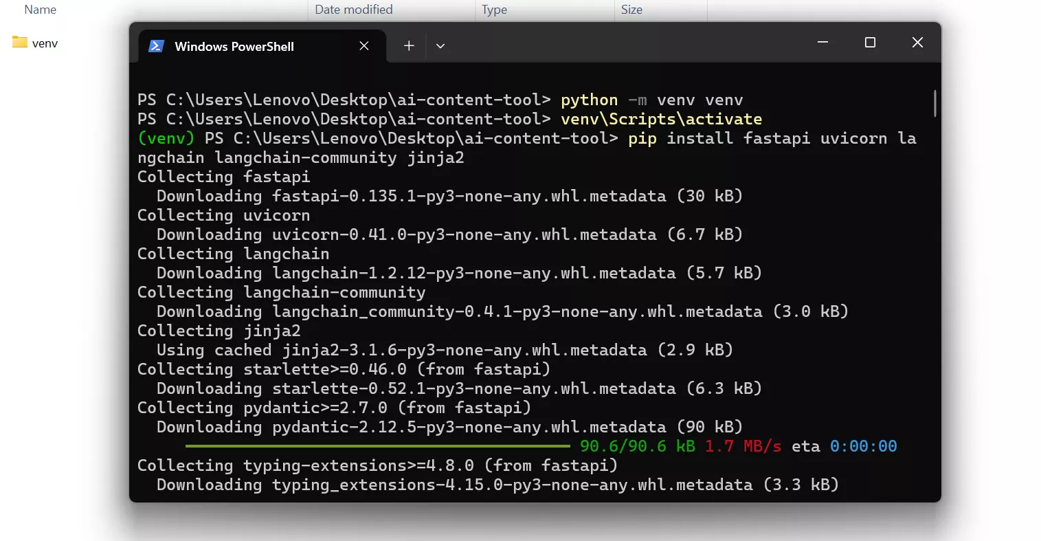 Installing FastAPI, Uvicorn, LangChain, and Jinja2 in Python virtual environment using pip for building a local AI agent backend