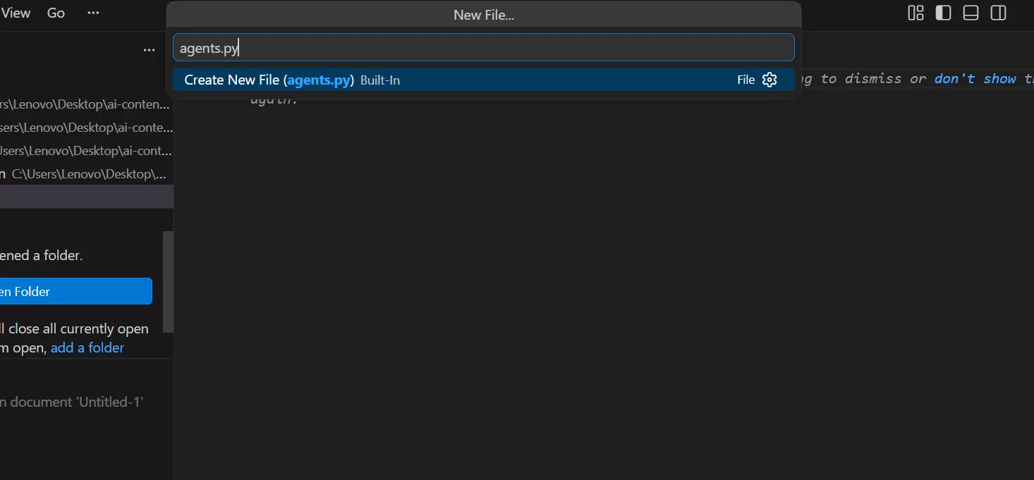 Creating agents.py file in Visual Studio Code for defining AI agent logic in a local Python AI agent project