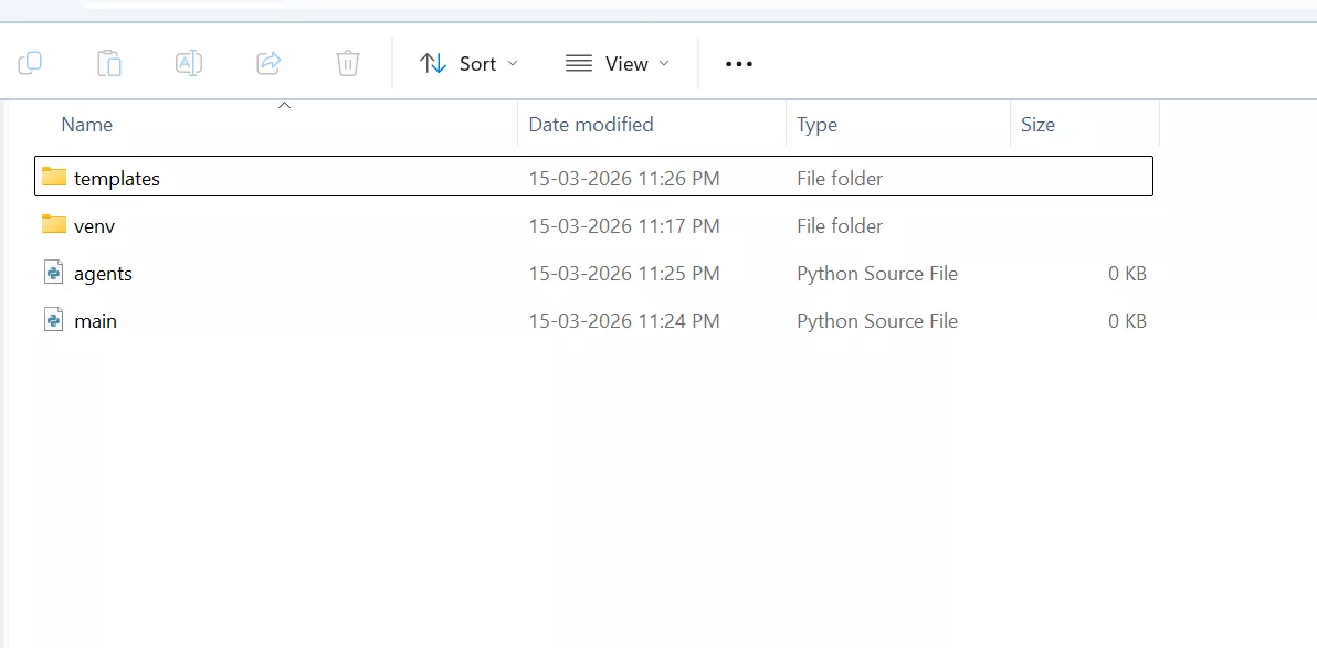 Project folder structure showing main.py, agents.py, templates, and virtual environment for building a local AI agent system in Python