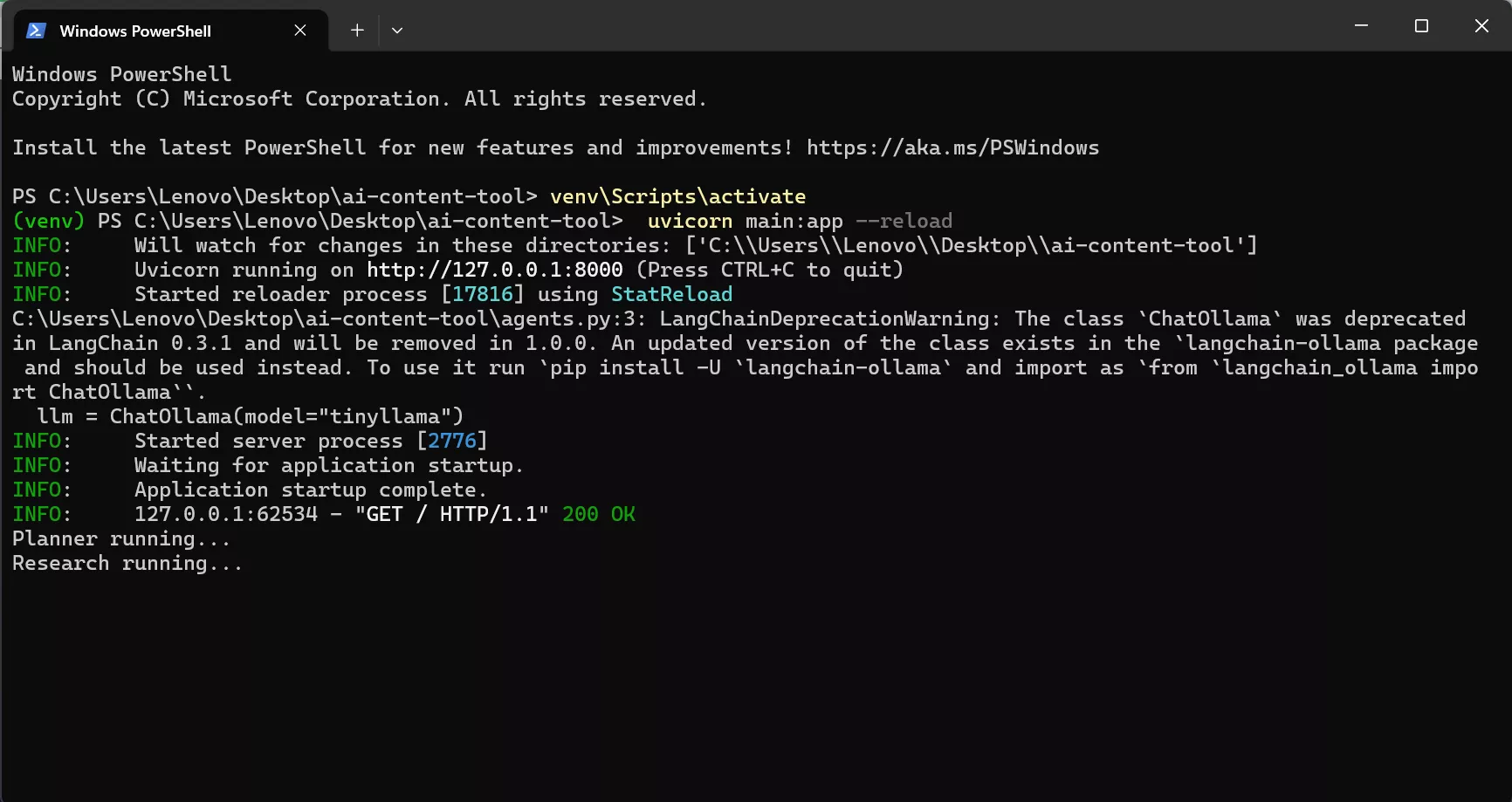 Uvicorn server running on localhost 127.0.0.1:8000 in PowerShell showing FastAPI backend startup for local AI agent application