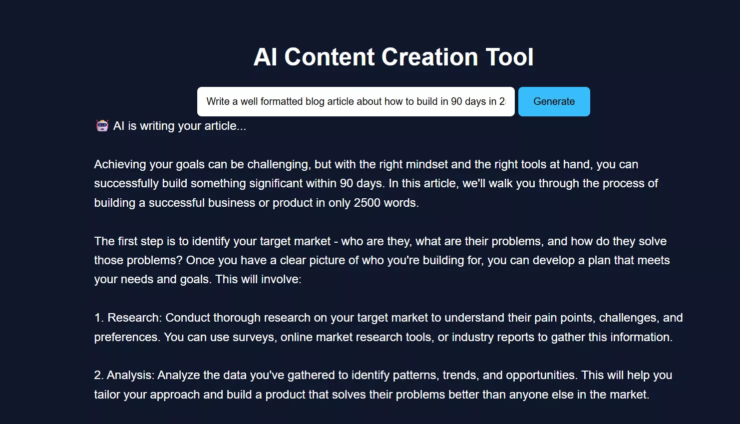 AI content creation web app generating a blog article in browser using local AI agent built with Python, FastAPI, and Ollama