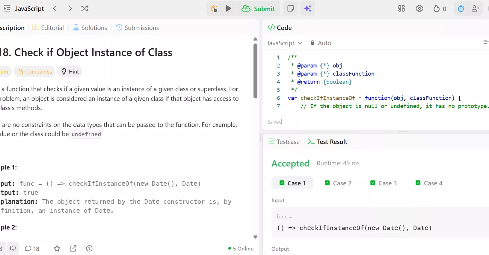 LeetCode coding problem interface with JavaScript solution editor and accepted test results