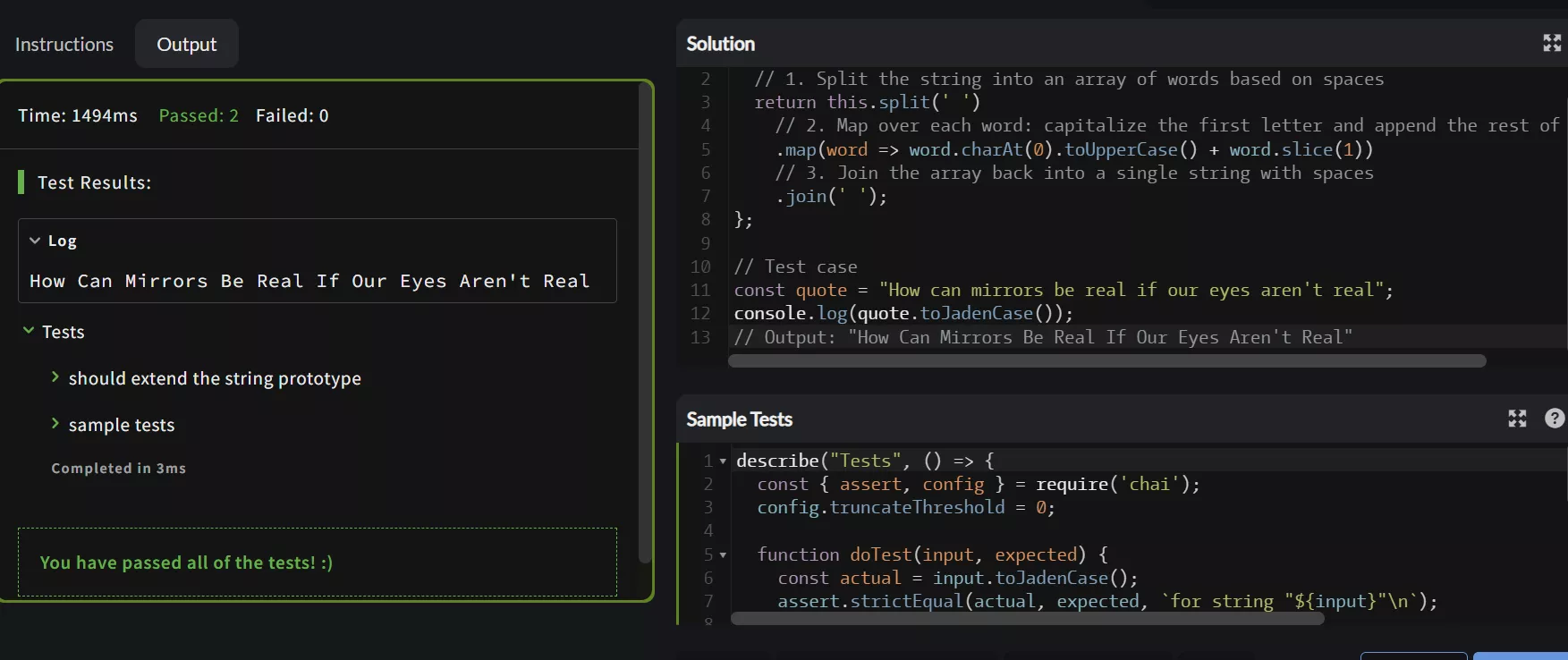 Codewars kata challenge interface showing JavaScript solution editor and successful test results output